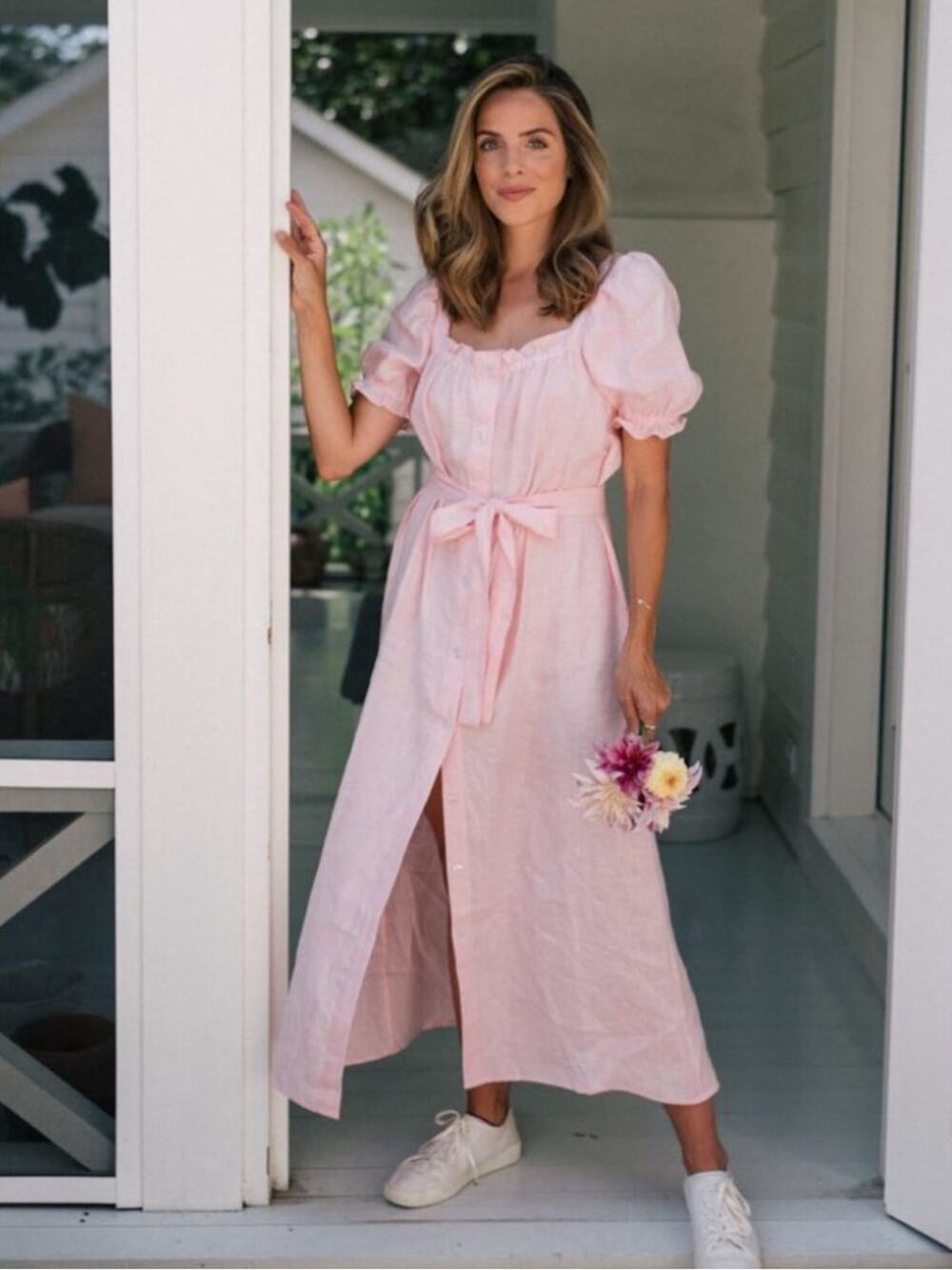 Sleeper Brigitte Pink Linen Maxi Dress XS